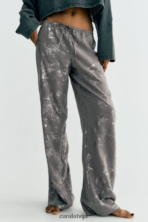apdrukātas folijas bikses sievietes Zara tumši pelēks 6ZTV40937 apģērbs