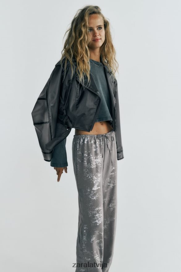 apdrukātas folijas bikses sievietes Zara tumši pelēks 6ZTV40937 apģērbs