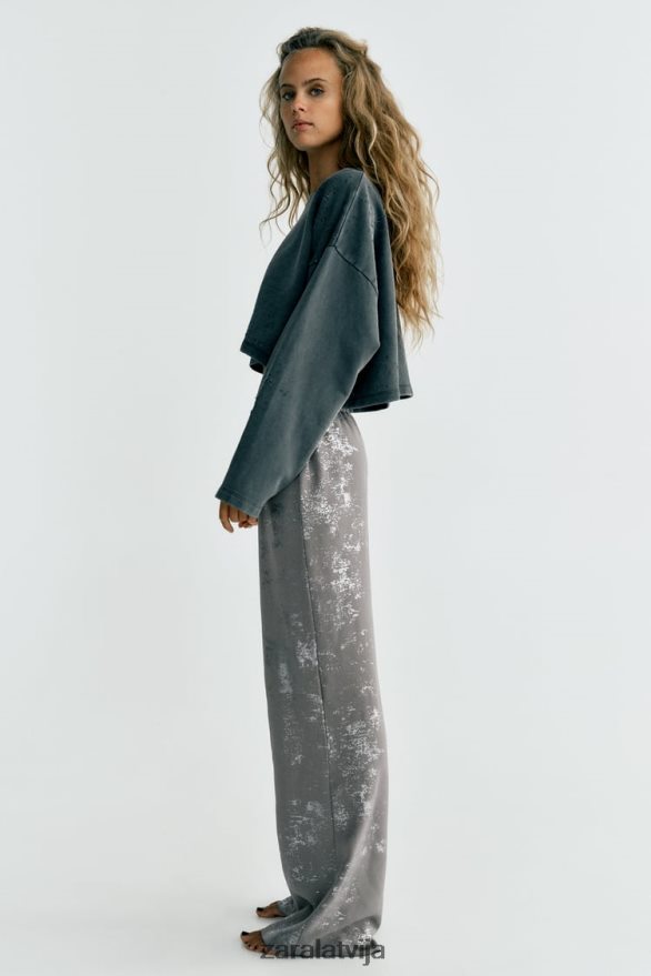 apdrukātas folijas bikses sievietes Zara tumši pelēks 6ZTV40937 apģērbs