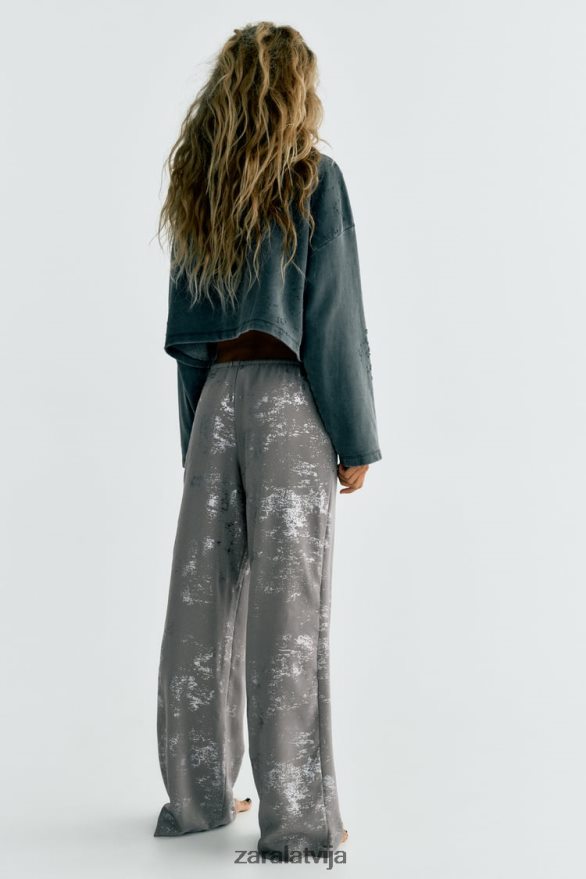 apdrukātas folijas bikses sievietes Zara tumši pelēks 6ZTV40937 apģērbs