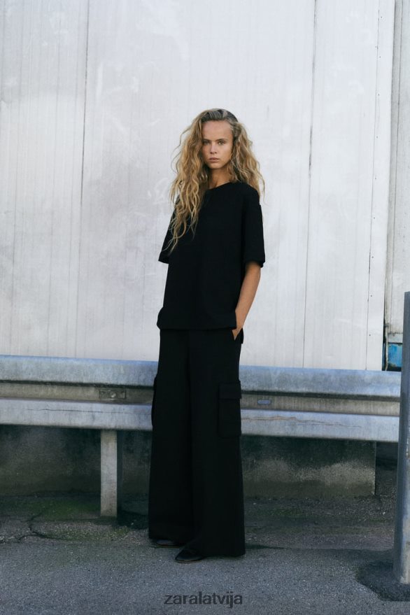 plīša kravas bikses sievietes Zara melns 6ZTV40489 apģērbs