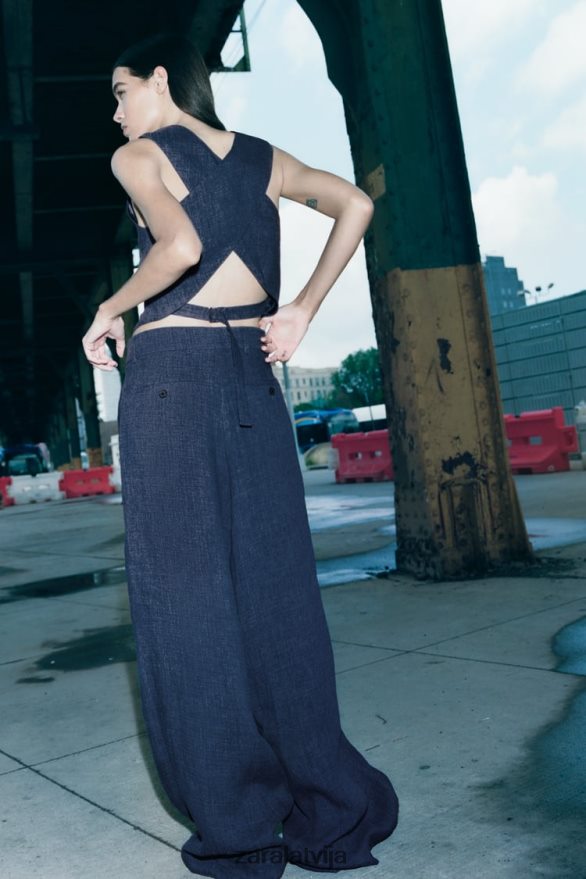 zw kolekcijas minimālisma platas bikses sievietes Zara indigo 6ZTV40482 apģērbs