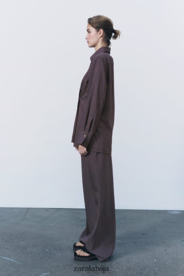 zw kolekcijas minimālistiskas svītrainas platas bikses sievietes Zara brūns/zils 6ZTV40496 apģērbs