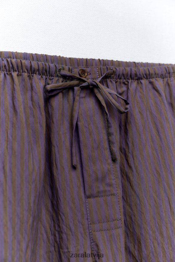 zw kolekcijas minimālistiskas svītrainas platas bikses sievietes Zara brūns/zils 6ZTV40496 apģērbs
