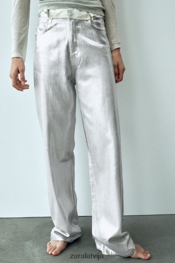trf metāliski augsti džinsi sievietes Zara balts 6ZTV40520 apģērbs
