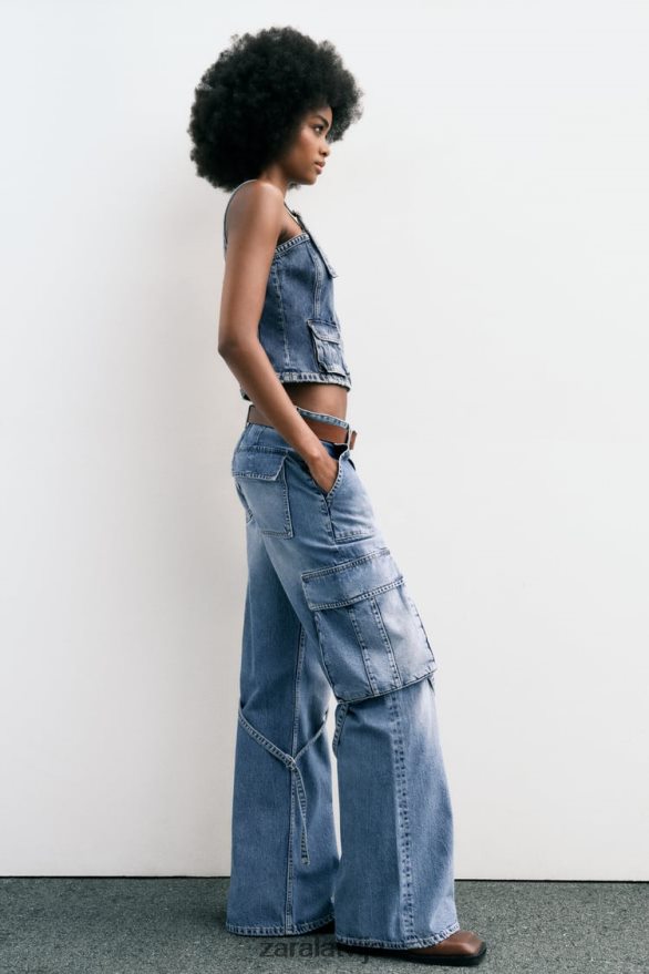 vidēja augstuma trf cargo džinsi sievietes Zara zils 6ZTV40511 apģērbs