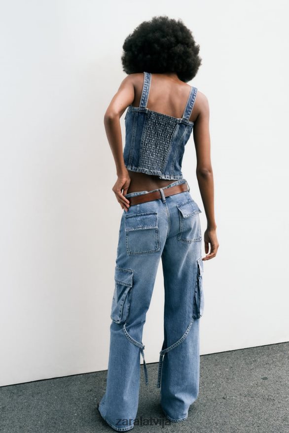 vidēja augstuma trf cargo džinsi sievietes Zara zils 6ZTV40511 apģērbs