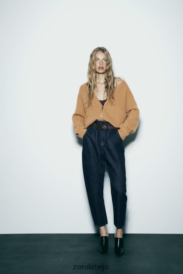 z1975 džinsi ar jostu, augsti paceļami papīra maisiņi sievietes Zara zils 6ZTV40506 apģērbs