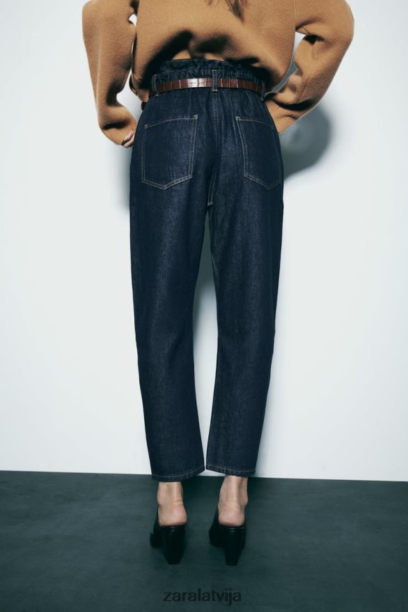 z1975 džinsi ar jostu, augsti paceļami papīra maisiņi sievietes Zara zils 6ZTV40506 apģērbs