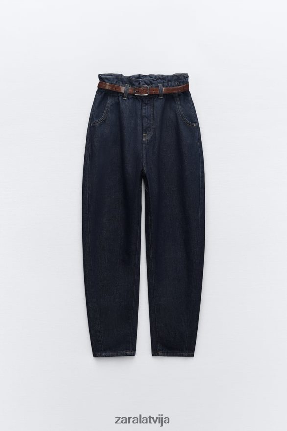 z1975 džinsi ar jostu, augsti paceļami papīra maisiņi sievietes Zara zils 6ZTV40506 apģērbs