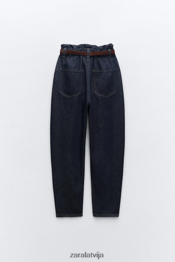 z1975 džinsi ar jostu, augsti paceļami papīra maisiņi sievietes Zara zils 6ZTV40506 apģērbs
