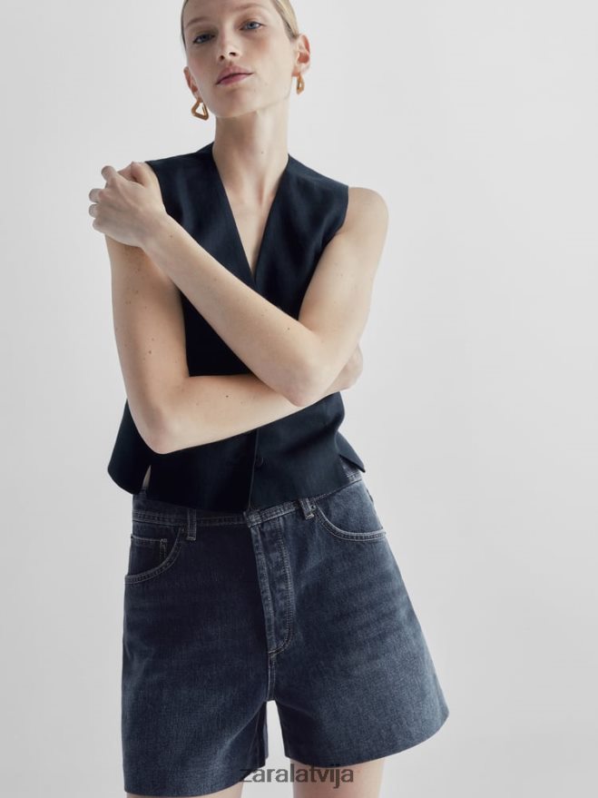 džinsa šorti ar augstu jostasvietu ar ādas kabatu sievietes Zara vidus zils 6ZTV40865 apģērbs