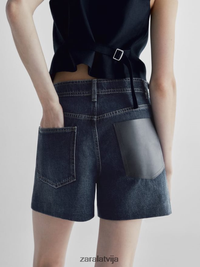 džinsa šorti ar augstu jostasvietu ar ādas kabatu sievietes Zara vidus zils 6ZTV40865 apģērbs