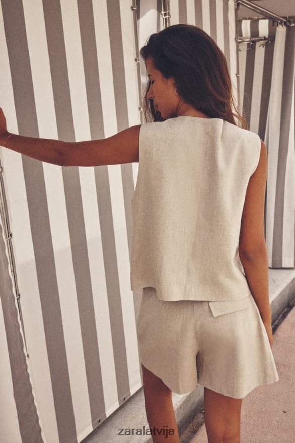 daudzstāvu lina maisījuma šorti sievietes Zara gaiši bēšs 6ZTV40533 apģērbs
