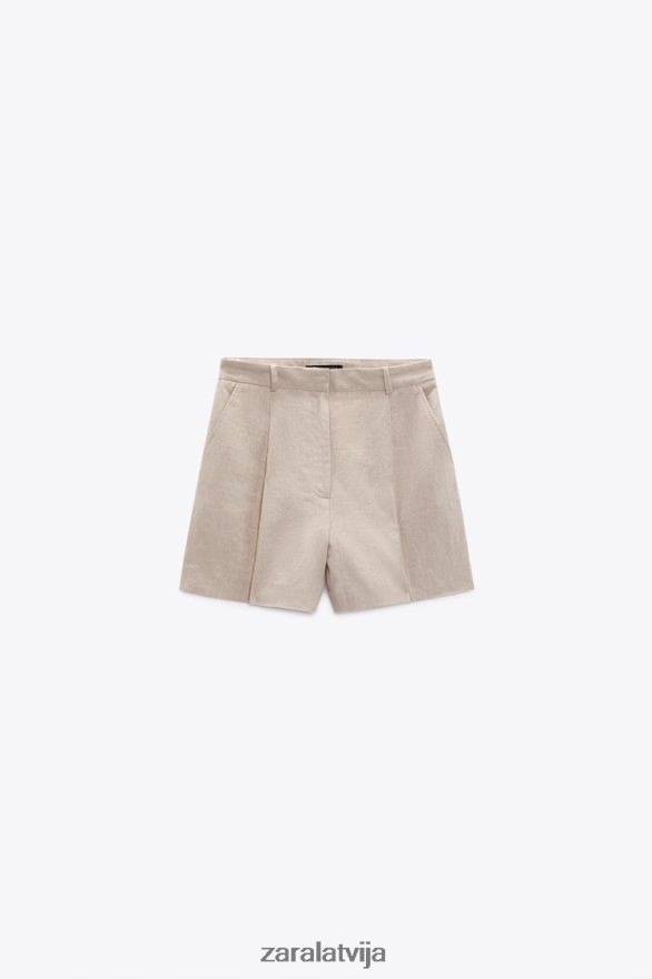 daudzstāvu lina maisījuma šorti sievietes Zara gaiši bēšs 6ZTV40533 apģērbs