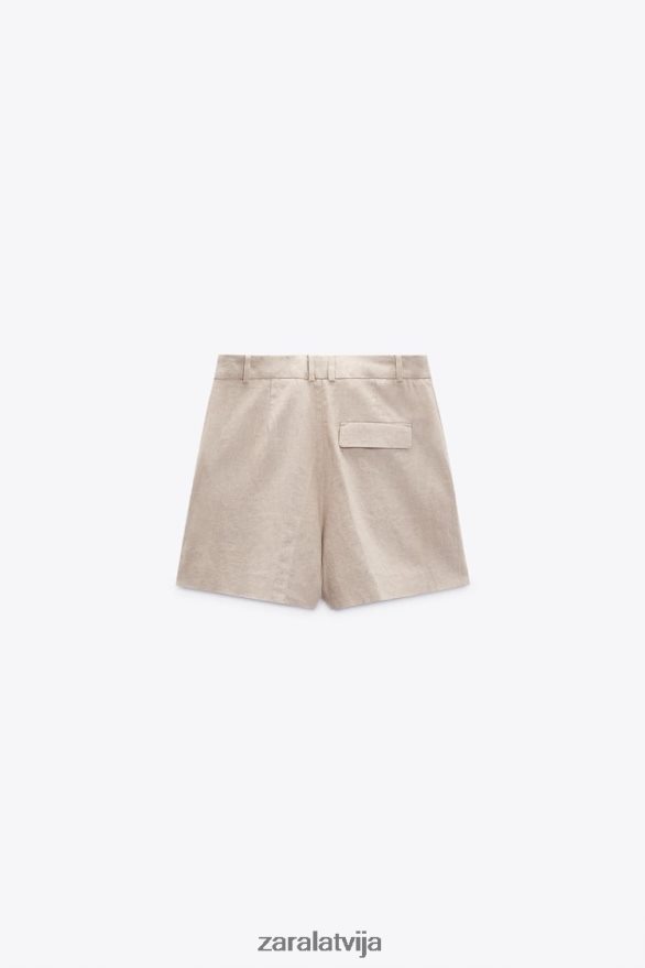 daudzstāvu lina maisījuma šorti sievietes Zara gaiši bēšs 6ZTV40574 apģērbs