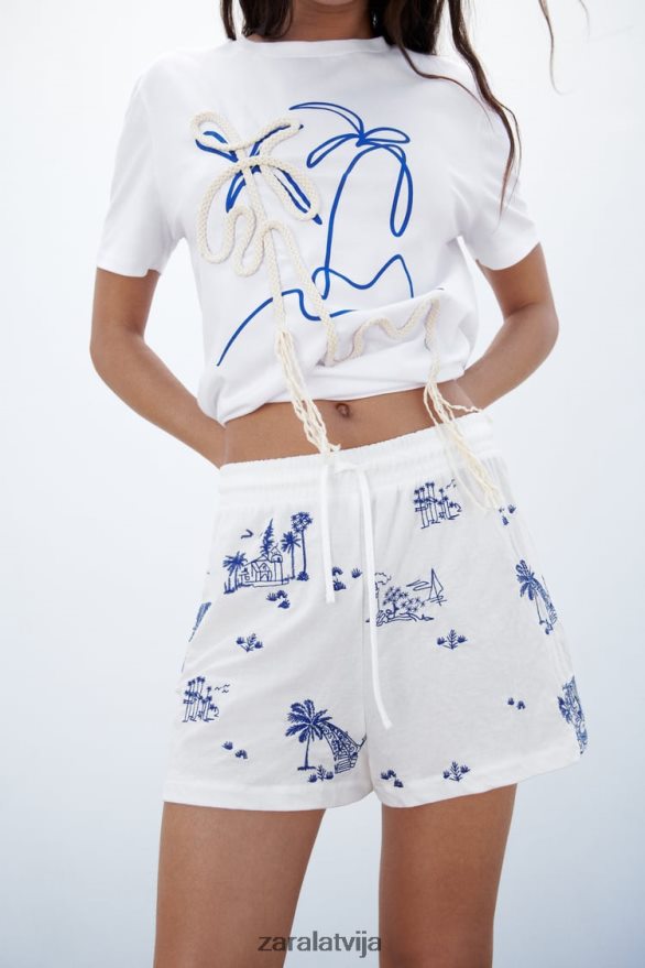 izšūti šorti sievietes Zara balts/navy 6ZTV40615 apģērbs