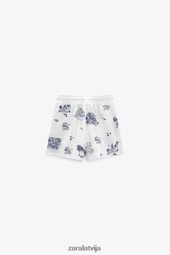 izšūti šorti sievietes Zara balts/navy 6ZTV40615 apģērbs