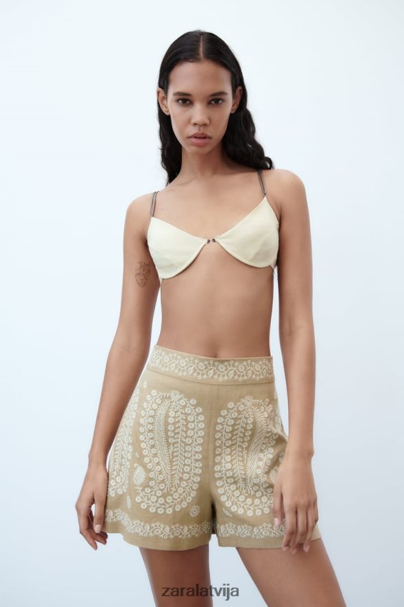 izšūti šorti sievietes Zara taupīgi brūns 6ZTV40552 apģērbs