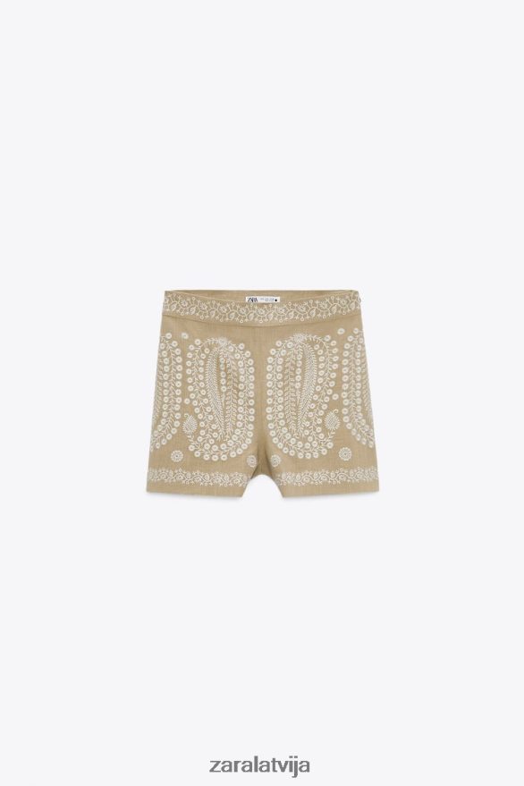 izšūti šorti sievietes Zara taupīgi brūns 6ZTV40552 apģērbs