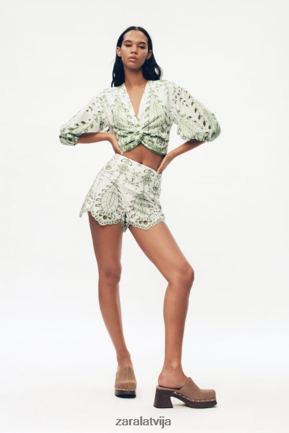 izšūti šorti sievietes Zara zaļš/ekru 6ZTV40576 apģērbs