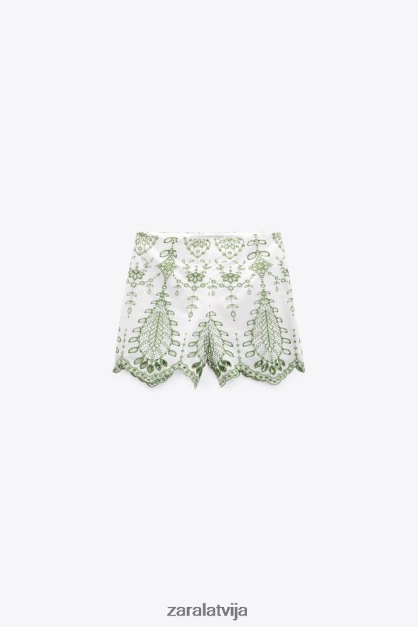 izšūti šorti sievietes Zara zaļš/ekru 6ZTV40576 apģērbs