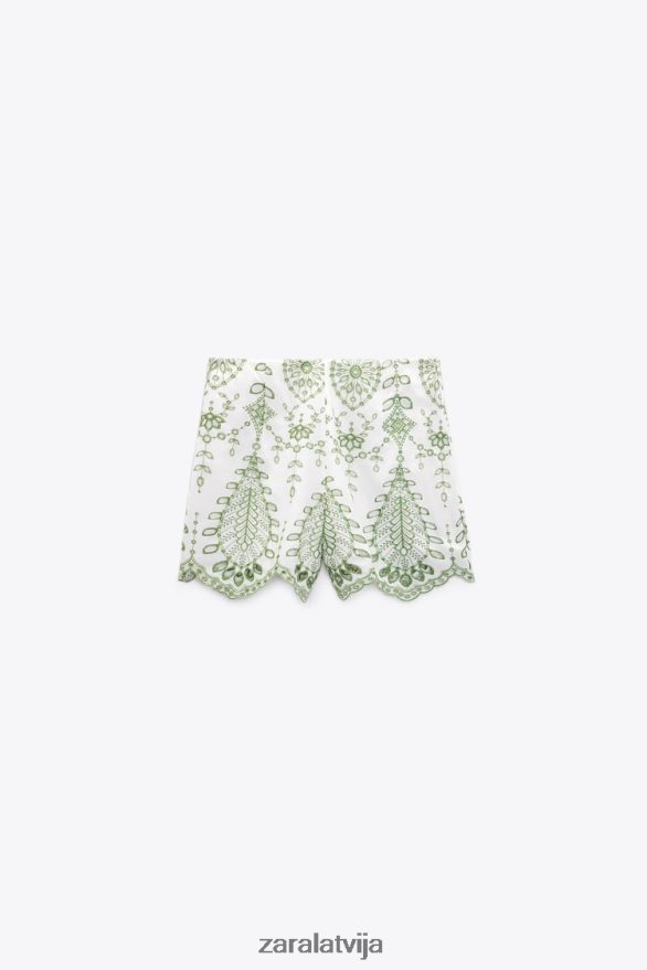 izšūti šorti sievietes Zara zaļš/ekru 6ZTV40576 apģērbs