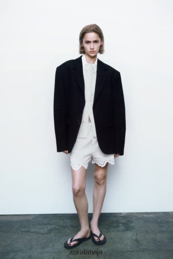 šorti ar izšūtām cilpām sievietes Zara austeru balts 6ZTV40593 apģērbs