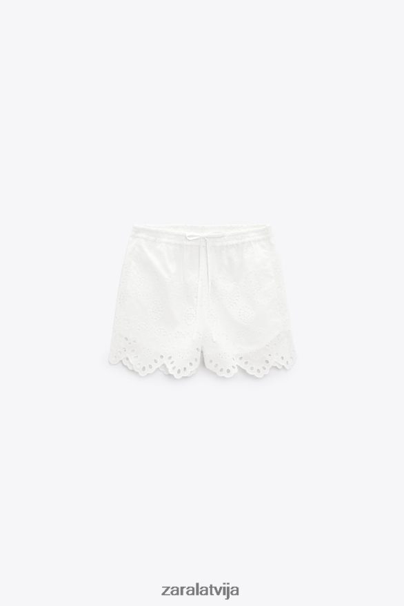 šorti ar izšūtām cilpām sievietes Zara austeru balts 6ZTV40593 apģērbs