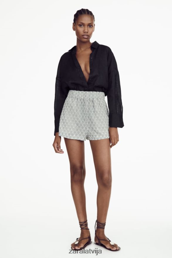 šorti ar izšūtām cilpām sievietes Zara ekrū/zils 6ZTV40613 apģērbs