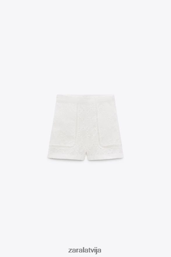 šorti ar izšūtām cilpām sievietes Zara ekru 6ZTV40585 apģērbs