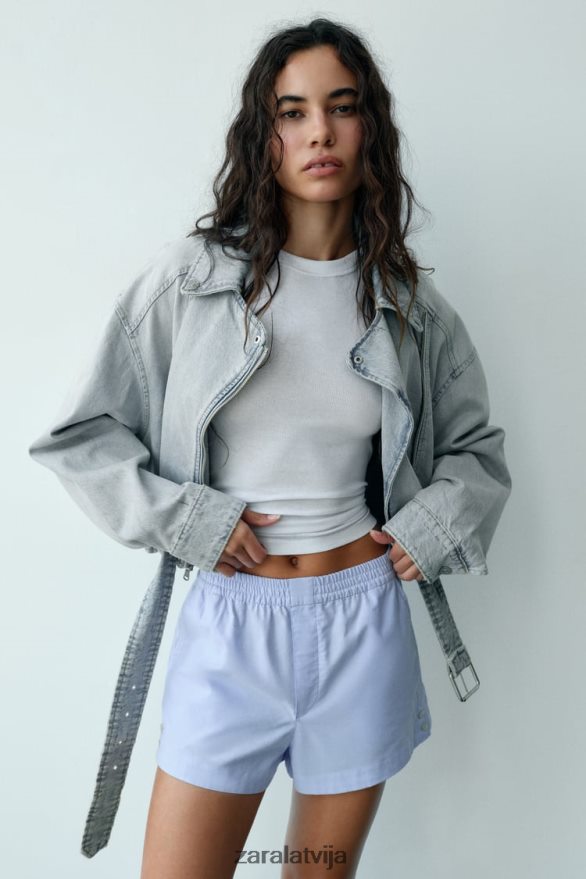 poplīna šorti ar pogām sievietes Zara debesu zils 6ZTV40580 apģērbs
