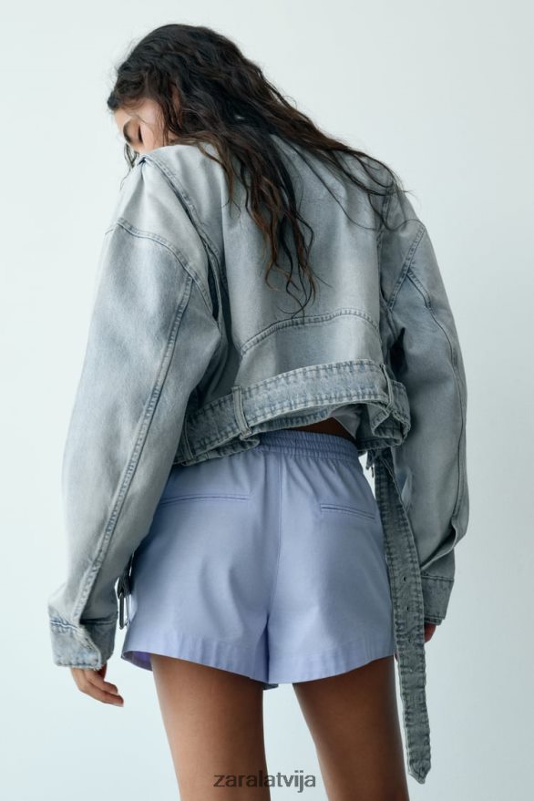 poplīna šorti ar pogām sievietes Zara debesu zils 6ZTV40580 apģērbs