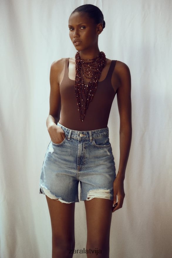 saplēsti džinsa šorti z1975 sievietes Zara vidus zils 6ZTV40555 apģērbs