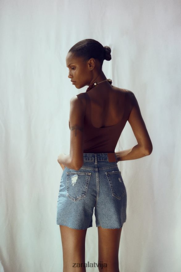 saplēsti džinsa šorti z1975 sievietes Zara vidus zils 6ZTV40555 apģērbs