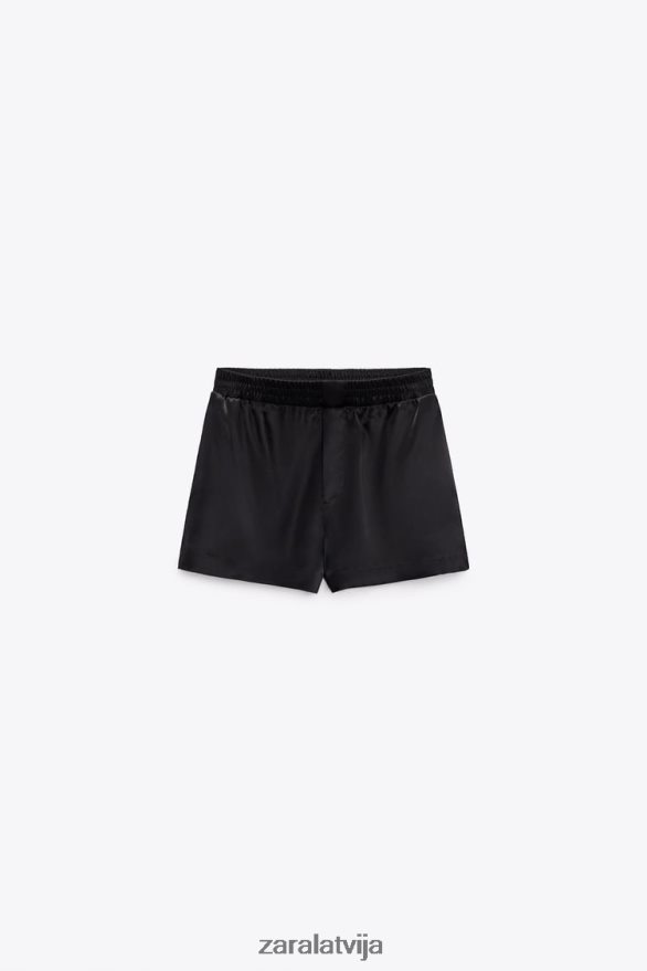 satīna efekta šorti sievietes Zara melns 6ZTV40572 apģērbs