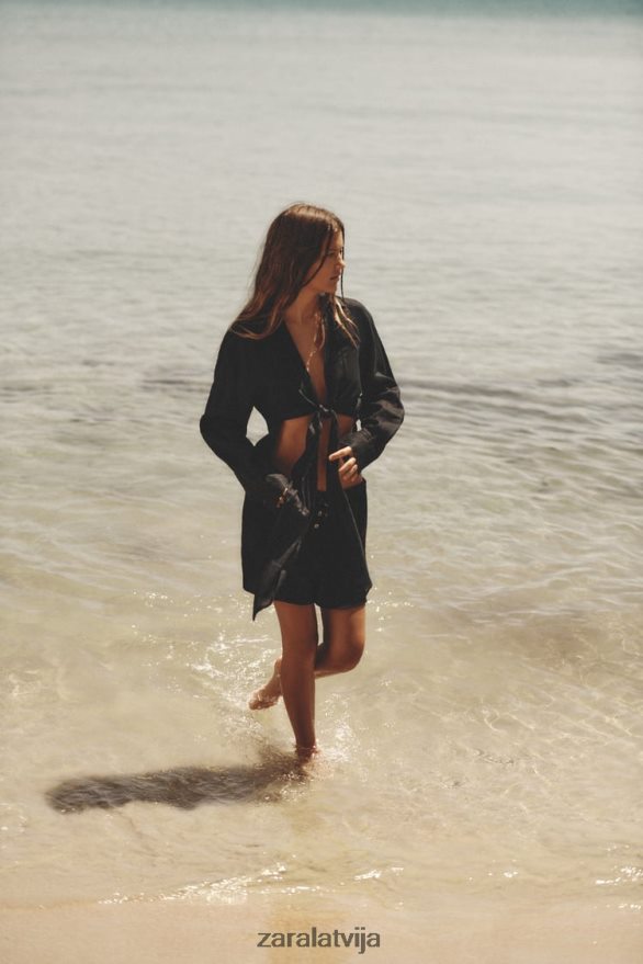 strukturēti šorti sievietes Zara melns 6ZTV40621 apģērbs