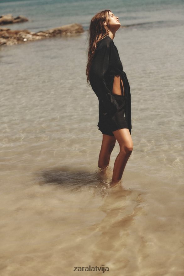 strukturēti šorti sievietes Zara melns 6ZTV40621 apģērbs