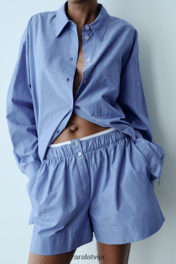 svītraini poplīna šorti sievietes Zara zils 6ZTV40600 apģērbs