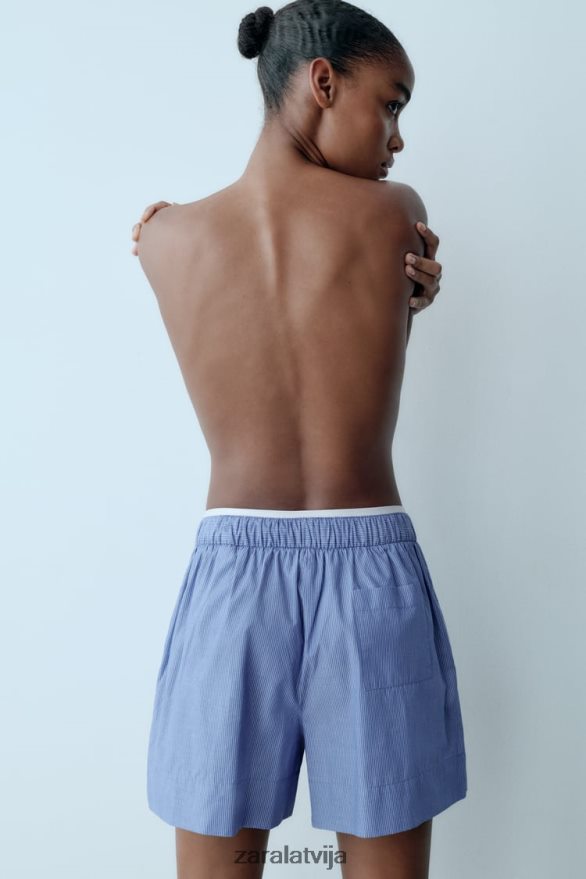 svītraini poplīna šorti sievietes Zara zils 6ZTV40600 apģērbs