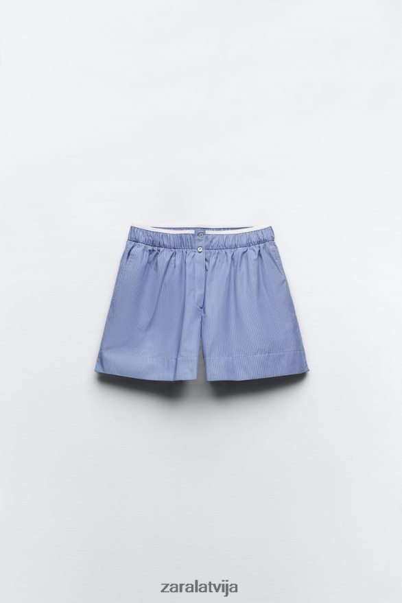 svītraini poplīna šorti sievietes Zara zils 6ZTV40600 apģērbs