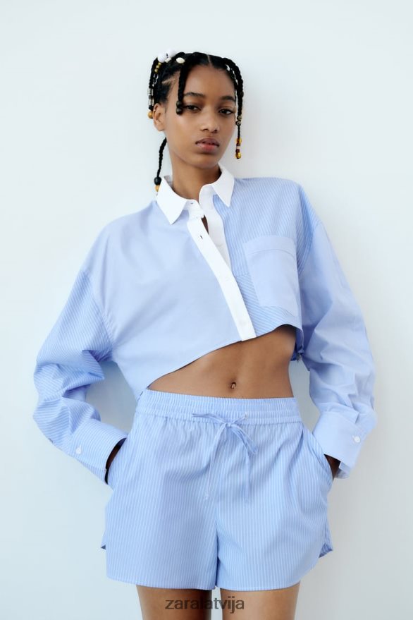 svītraini poplīna šorti sievietes Zara zils/balts 6ZTV40590 apģērbs