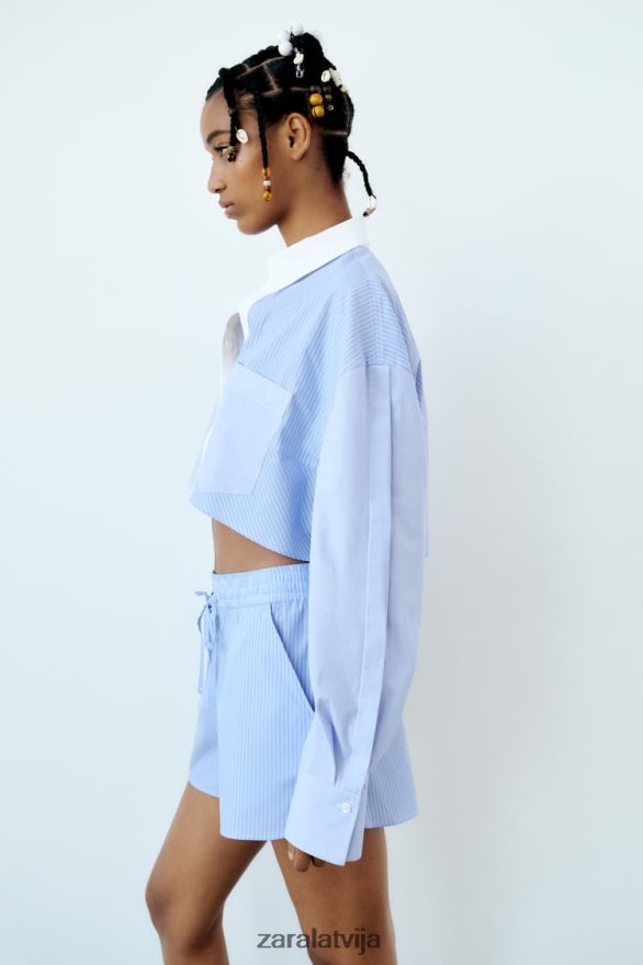 svītraini poplīna šorti sievietes Zara zils/balts 6ZTV40590 apģērbs