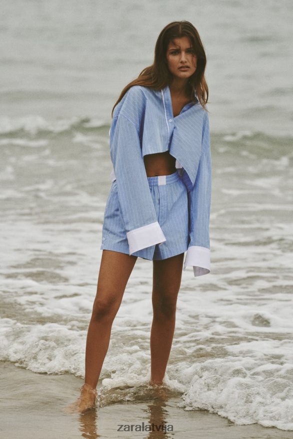 svītraini poplīna šorti sievietes Zara zils/balts 6ZTV40602 apģērbs