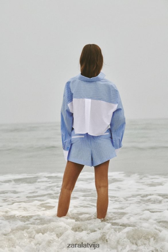 svītraini poplīna šorti sievietes Zara zils/balts 6ZTV40602 apģērbs