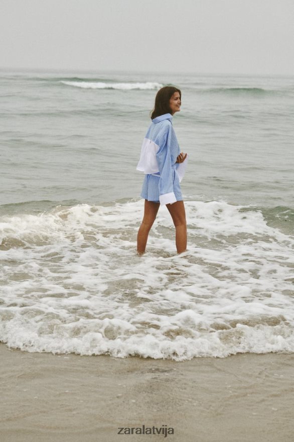 svītraini poplīna šorti sievietes Zara zils/balts 6ZTV40602 apģērbs