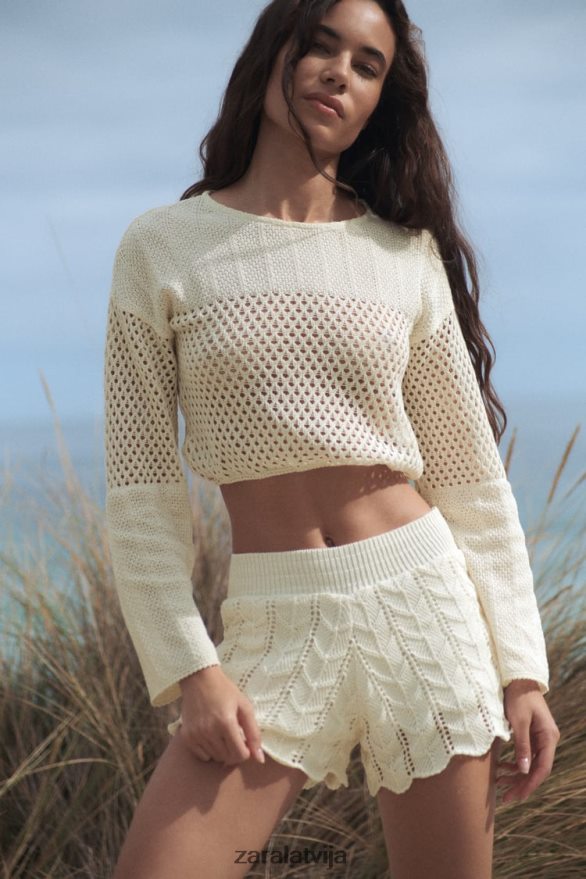 tamborēti šorti sievietes Zara ekru 6ZTV40620 apģērbs