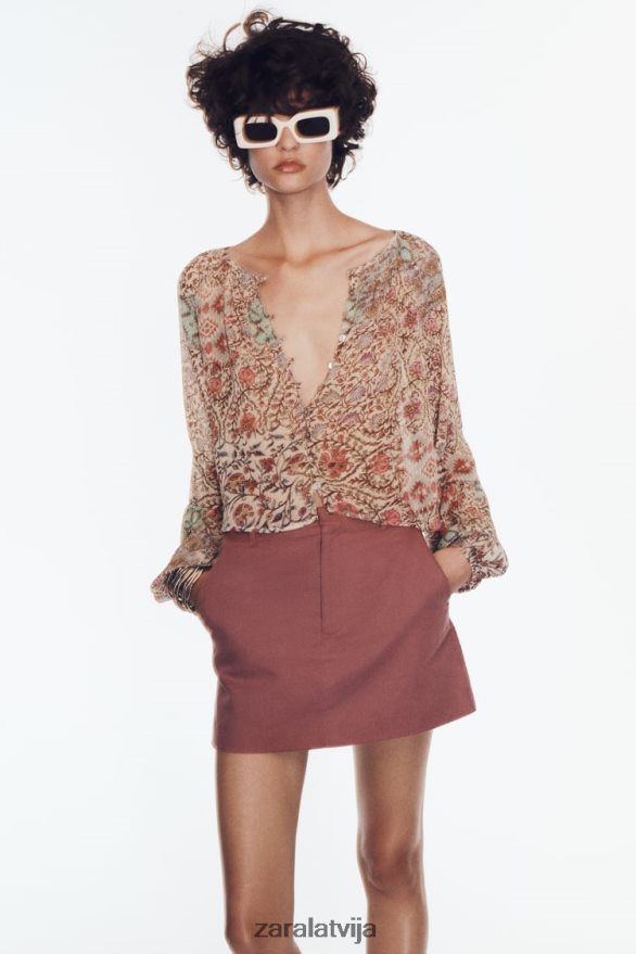 daudzstāvu lina maisījuma skorts sievietes Zara marsala 6ZTV40696 apģērbs