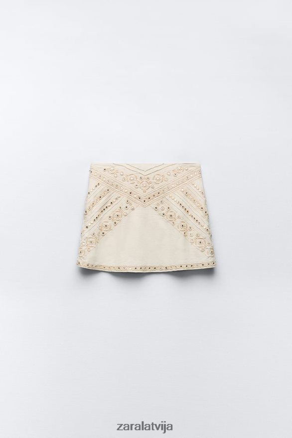izšūti mini svārki sievietes Zara ekru 6ZTV40711 apģērbs