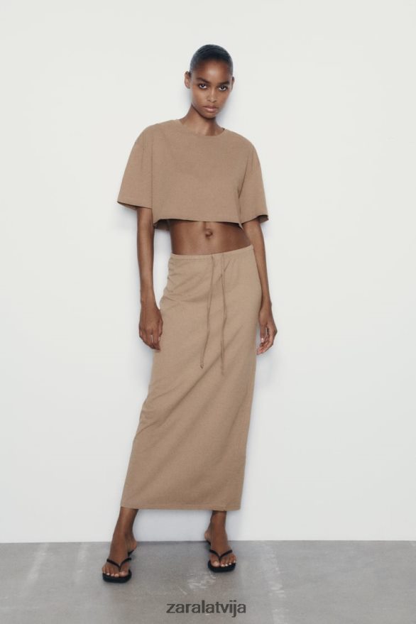 izmazgāta efekta midi svārki sievietes Zara gaiši brūns 6ZTV40686 apģērbs